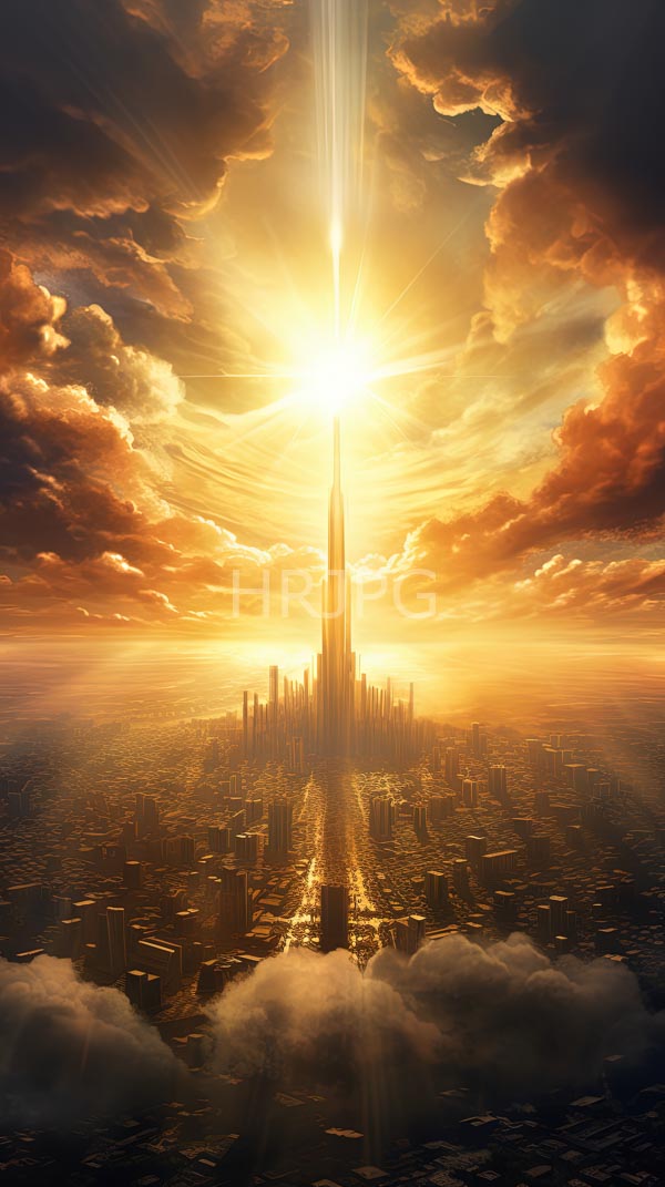 High Resolution: Cityscape with a towering skyscraper at its center is bathed in golden sunlight with the sky filled with dramatic orange and brown clouds download. | HRJPG.com