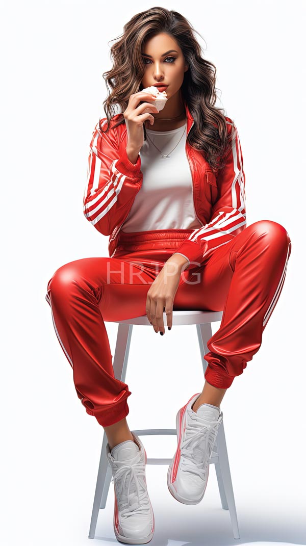 High Resolution: Young woman with wavy brown hair sits on a white stool wearing a shiny red Adidas tracksuit with white stripes and white sneakers with pink accents biting her shirt download. | HRJPG.com