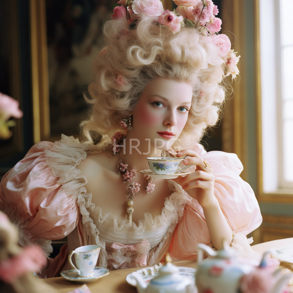 High Resolution: Pale-skinned blue-eyed woman with voluminous curly pink-tinted hair adorned with flowers wears a pink puffed-sleeve ruffled gown and holds a delicate teacup download. | HRJPG.com
