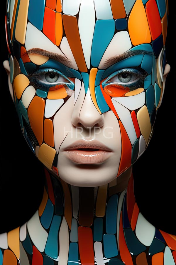 High Resolution: Pale-skinned woman with striking blue eyes is adorned with a mosaic-like face and neck composed of colorful glossy tile-like pieces in orange blue white and teal download. | HRJPG.com