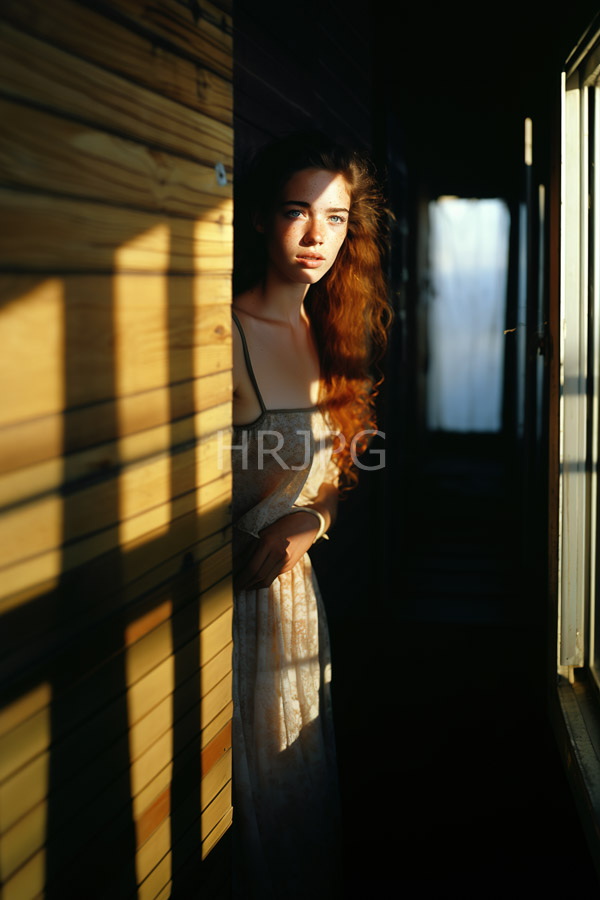 High Resolution: Young woman with long wavy red hair stands in a dimly lit wooden hallway wearing a sheer white lace dress partially illuminated by sunlight streaming through a window download. | HRJPG.com