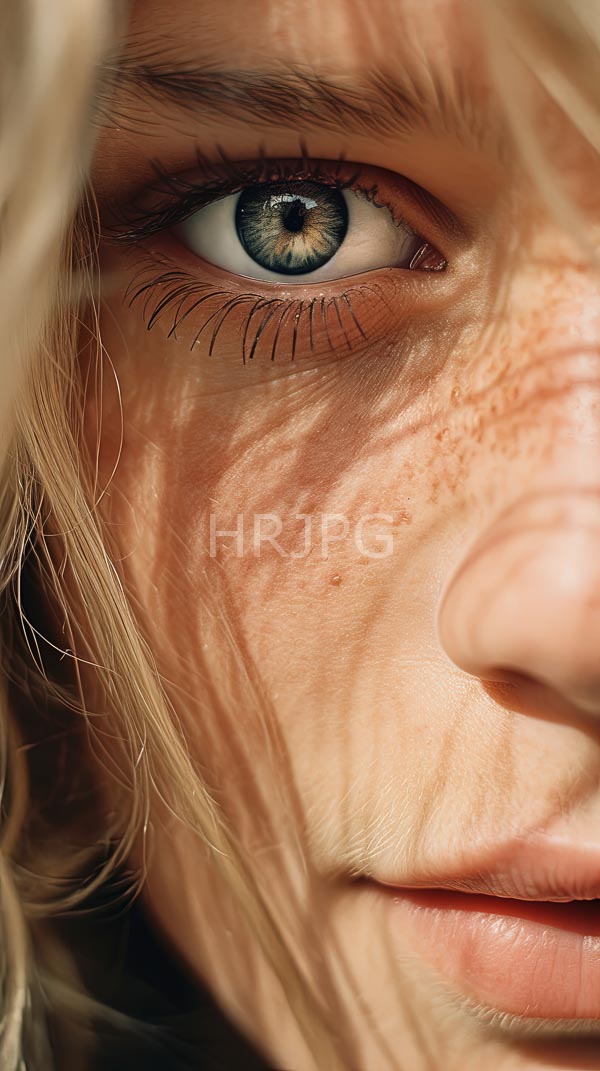 High Resolution: Close-up of a fair-skinned woman's face focuses on her blue-green right eye with a dark iris light brown freckles and blonde hair partially covering her face download. | HRJPG.com
