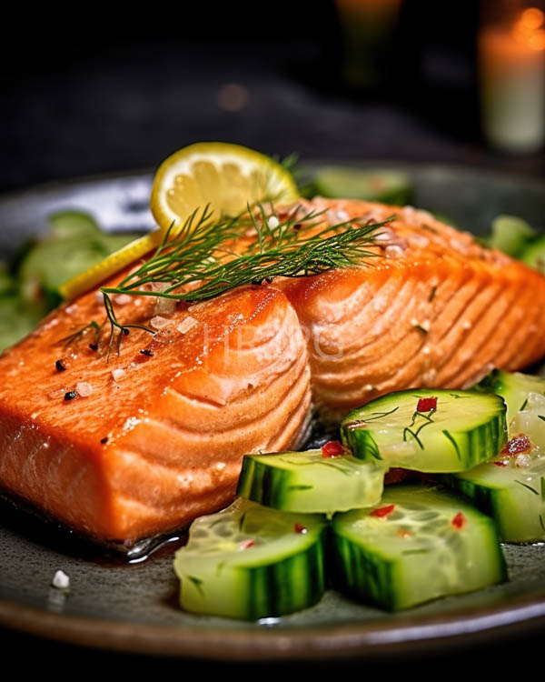High Resolution: Plated seared salmon fillet with a golden-orange flaky texture is garnished with a sprig of fresh dill and a lemon wedge surrounded by slices of cucumber download. | HRJPG.com