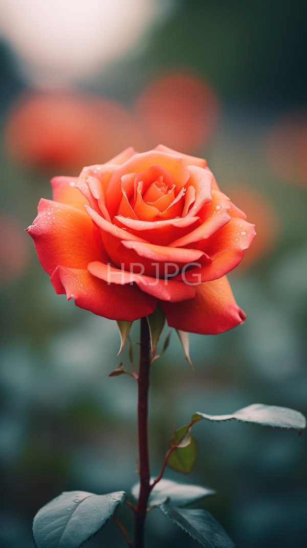 High Resolution: Vibrant orange rose in full bloom with delicate layered petals and subtle water droplets is centered against a blurred green and orange bokeh background download. | HRJPG.com