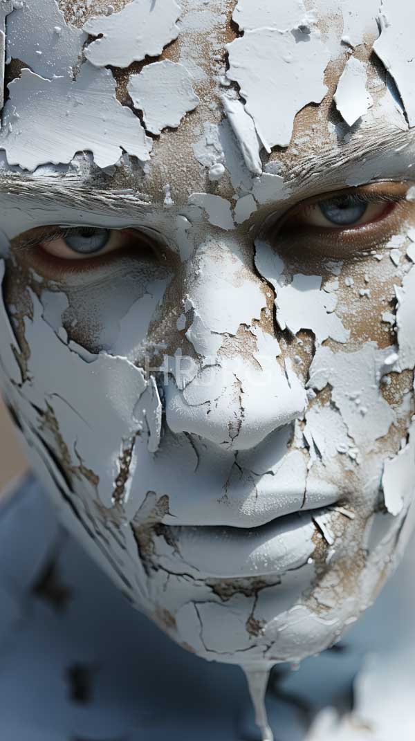 High Resolution: Close-up pale-skinned person with blue eyes wears a cracked white-painted face resembling peeling paint with a neutral expression download. | HRJPG.com