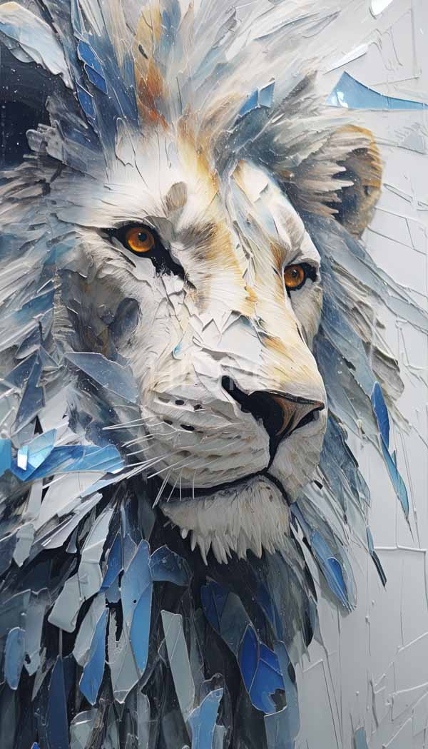 High Resolution: Majestic lion's head features a textured mosaic-like style with sharp angular brushstrokes a mane of blue and gray shards and intense amber eyes download. | HRJPG.com