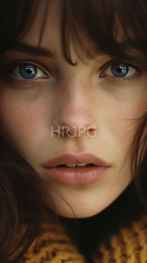 High Resolution: Young woman with fair skin blue eyes and brown hair with bangs has freckles across her nose and cheeks full pink lips and wears a textured yellow sweater download. | HRJPG.com