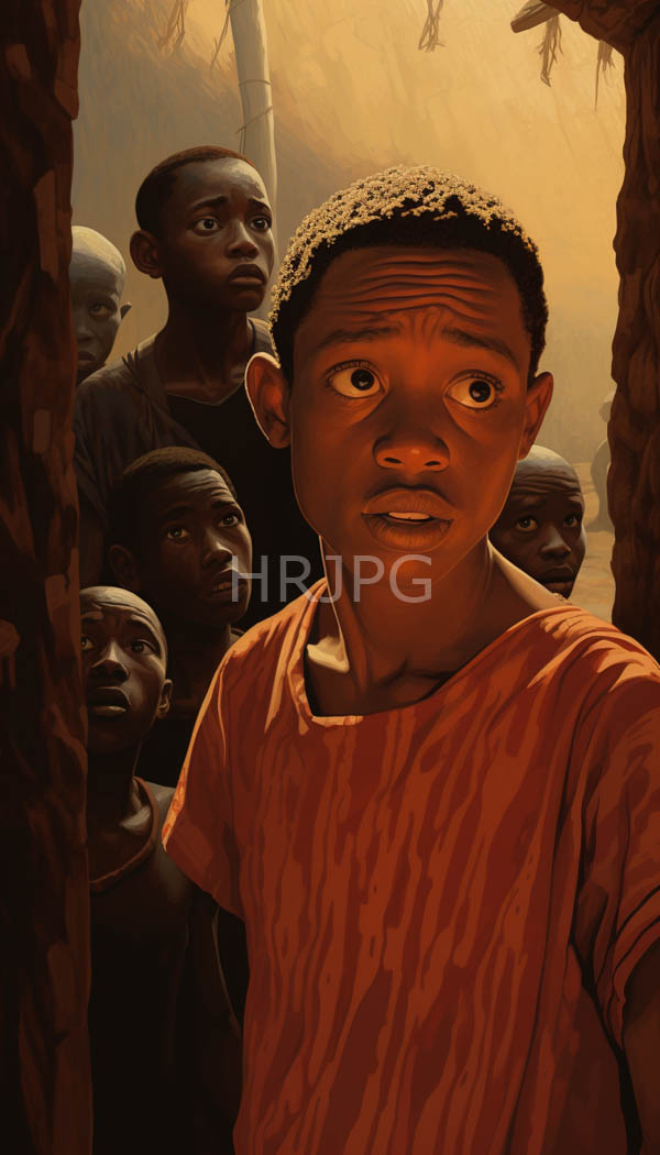 High Resolution: Group of African children with dark skin stand in a forested area at sunset with the central child wearing a red patterned shirt download. | HRJPG.com