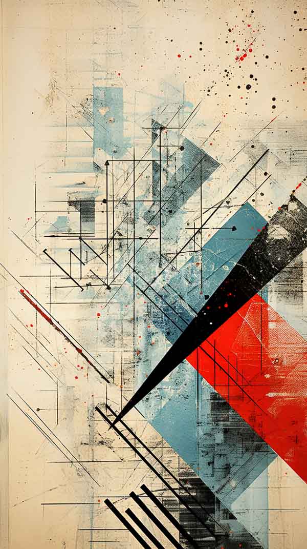 High Resolution: Abstract digital artwork features geometric shapes including black and red triangles and blue rectangles against a textured beige canvas with paint splatters download. | HRJPG.com