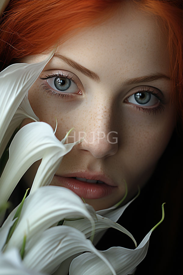 High Resolution: Fair-skinned freckled woman with vibrant red hair blue eyes and full lips is partially obscured by white lilies creating a delicate composition download. | HRJPG.com