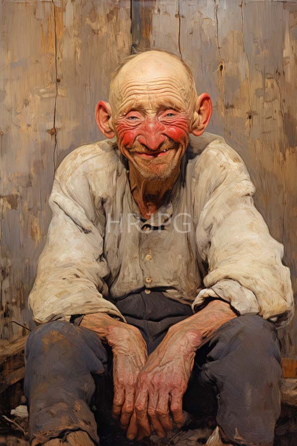 High Resolution: Realistic oil painting of an elderly bald man with a wrinkled face and prominent red cheeks sits against a weathered wooden background wearing a worn white long-sleeved shirt download. | HRJPG.com