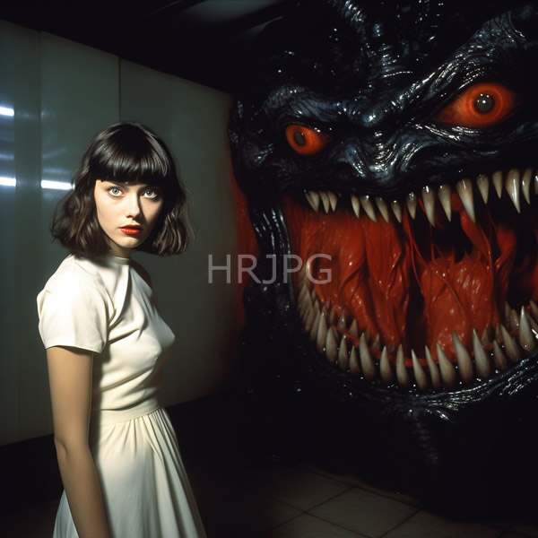 High Resolution: Young woman with fair skin short black bob haircut and red lipstick wears a white short-sleeved knee-length dress standing in a dimly lit room looking over her shoulder download. | HRJPG.com