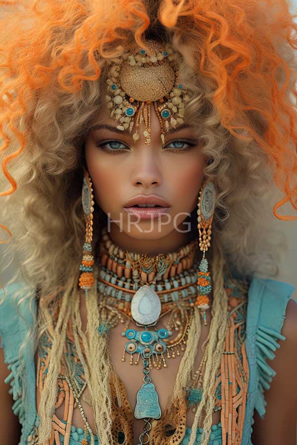 High Resolution: Light-skinned woman with striking blue eyes wears elaborate colorful tribal jewelry and a voluminous curly orange wig download. | HRJPG.com