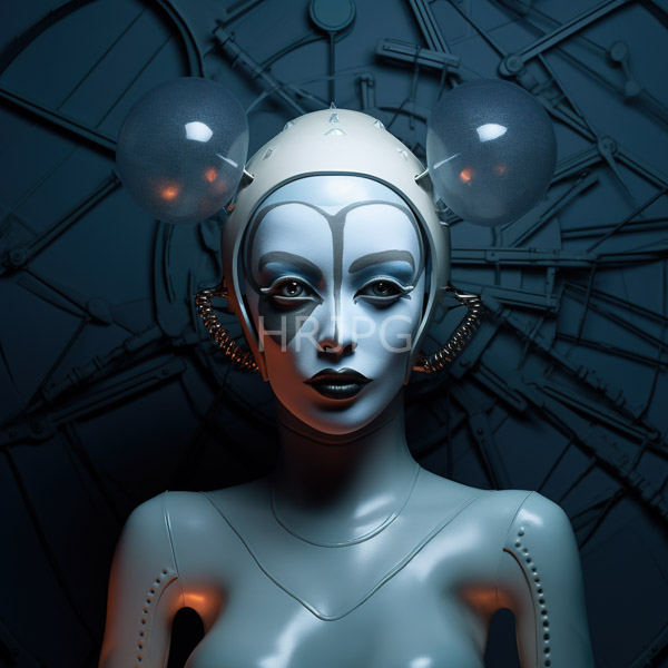 High Resolution: Futuristic silver-skinned female android with a smooth metallic texture has large round translucent earpieces with glowing orange lights and symmetrical white lines on her face download. | HRJPG.com