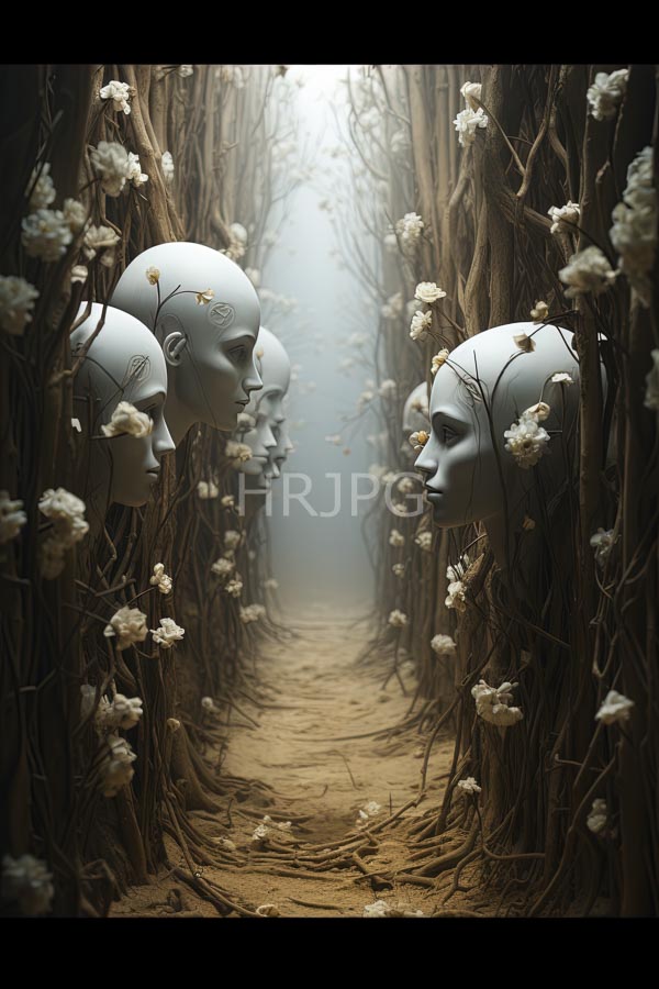 High Resolution: Narrow misty path flanked by entwined leafless branches adorned with small white flowers has four pale featureless white masks positioned symmetrically along it download. | HRJPG.com