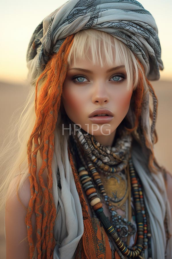 High Resolution: Fair-skinned blue-eyed woman with long orange and white dreadlocks wears a patterned grey headscarf and multiple beaded necklaces with a serious expression download. | HRJPG.com