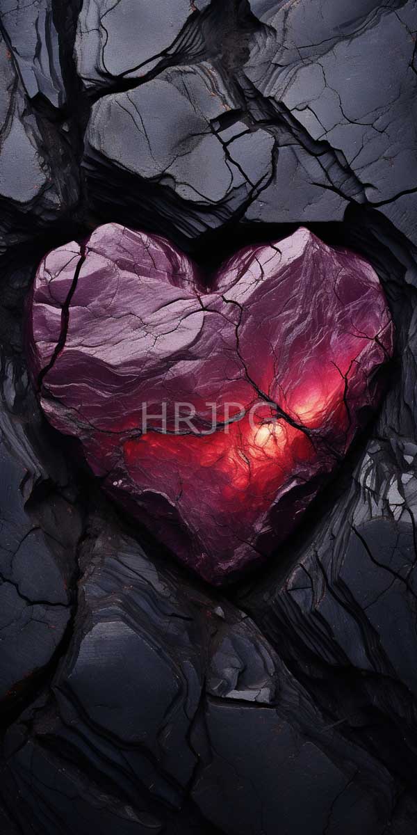 High Resolution: Cracked heart-shaped object with a marbled purple texture has a glowing red center surrounded by dark jagged cracks against a dark cracked background download. | HRJPG.com