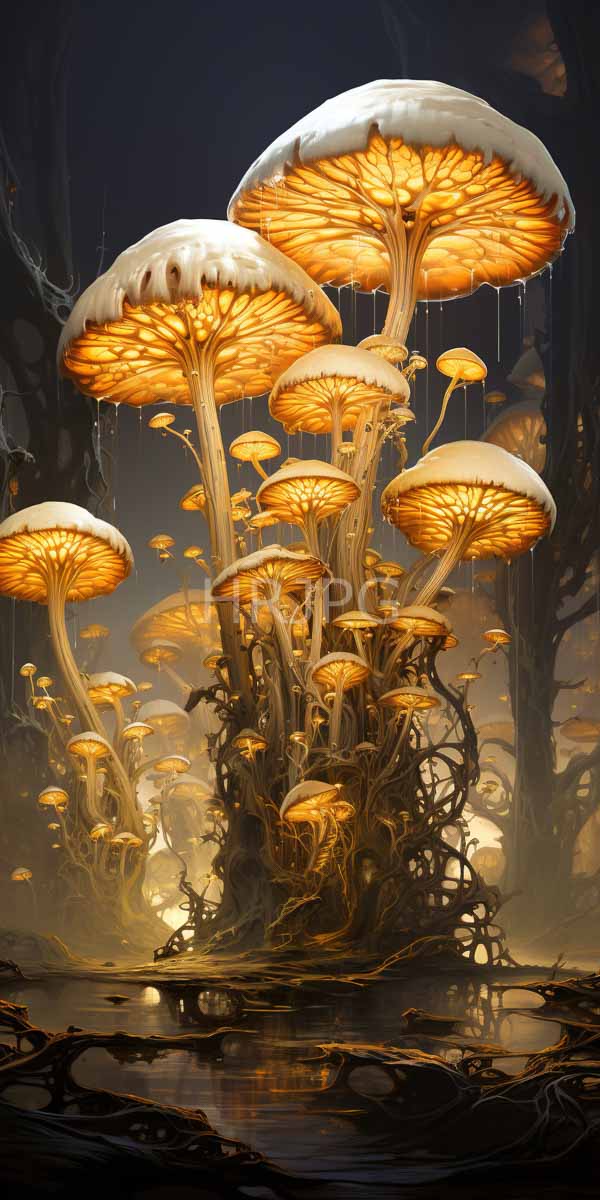 High Resolution: Surreal forest of glowing orange-yellow mushrooms with white dome-shaped caps has thick twisted stems and is surrounded by dark tangled roots in a misty dark forest download. | HRJPG.com