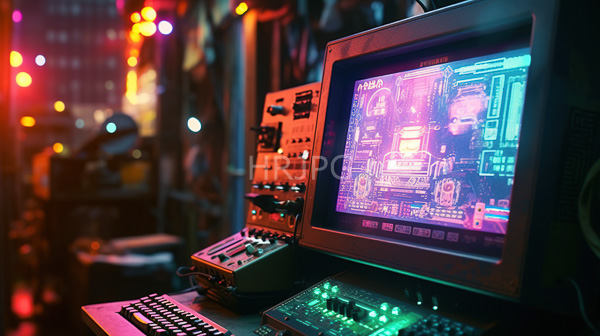 High Resolution: Dimly lit cluttered control room has a vintage CRT monitor displaying a colorful futuristic interface surrounded by control panels with dials and switches download. | HRJPG.com