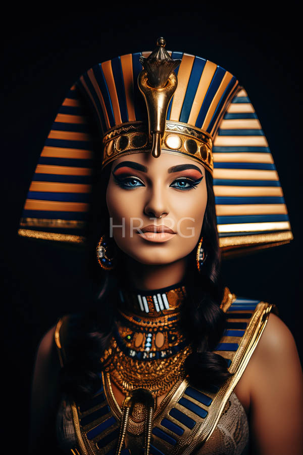 High Resolution: Dark-skinned woman with blue eyes wears an Egyptian-style headdress with blue and gold stripes gold and blue jewelry and long wavy black hair with bold red eyeshadow download. | HRJPG.com
