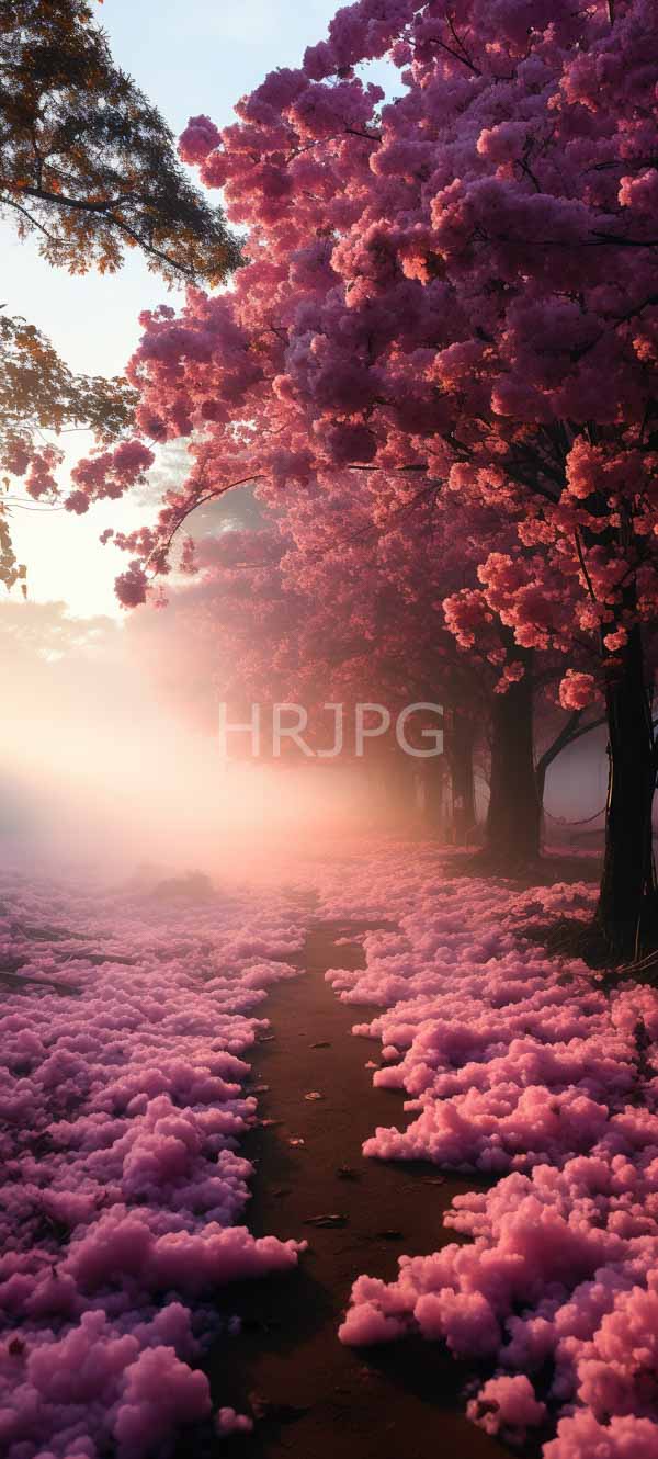 High Resolution: Surreal pink-hued forest path at sunrise is blanketed with vibrant pink flowers and soft morning mist download. | HRJPG.com