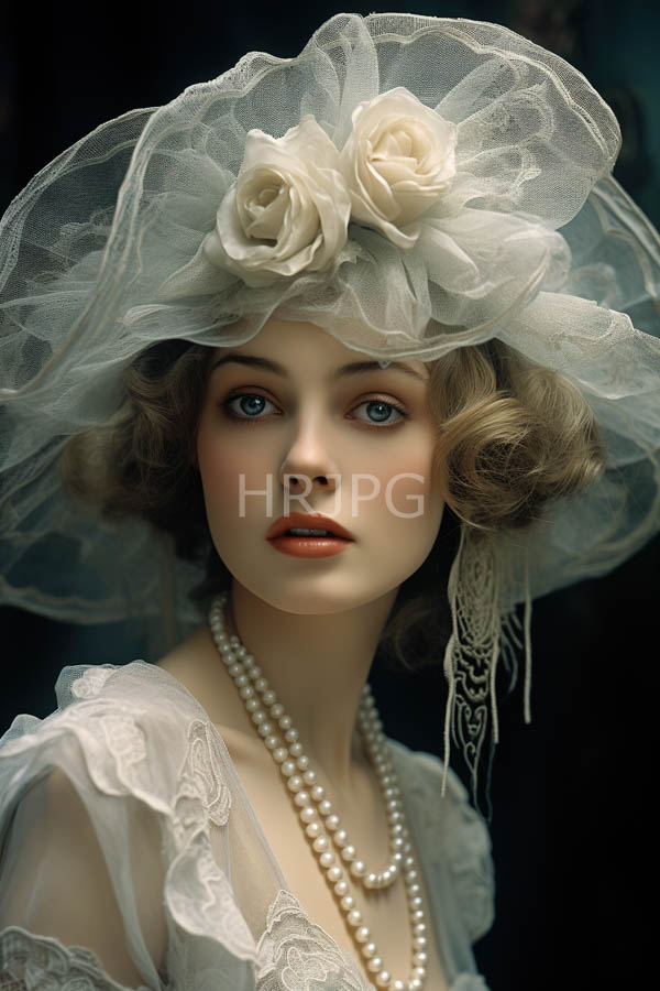 High Resolution: Fair-skinned woman with blue eyes wears a white lace dress and pearl necklace with curly blonde hair and an elaborate white veil adorned with roses download. | HRJPG.com