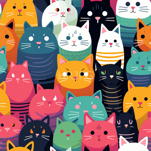 High Resolution: Digital illustration of a dense colorful group of cartoon cats with various expressions and patterns stacked in rows with bright colors download. | HRJPG.com