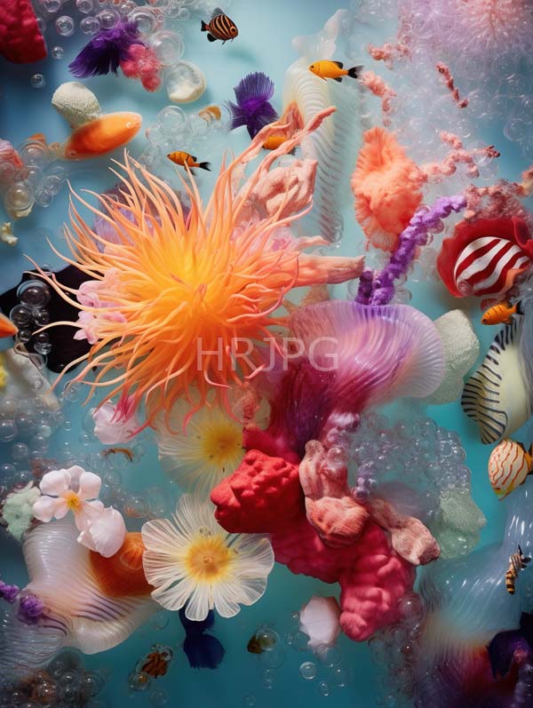 High Resolution: Vibrant underwater scene features a colorful array of artificial flowers coral and fish dominated by a large spiky orange flower download. | HRJPG.com