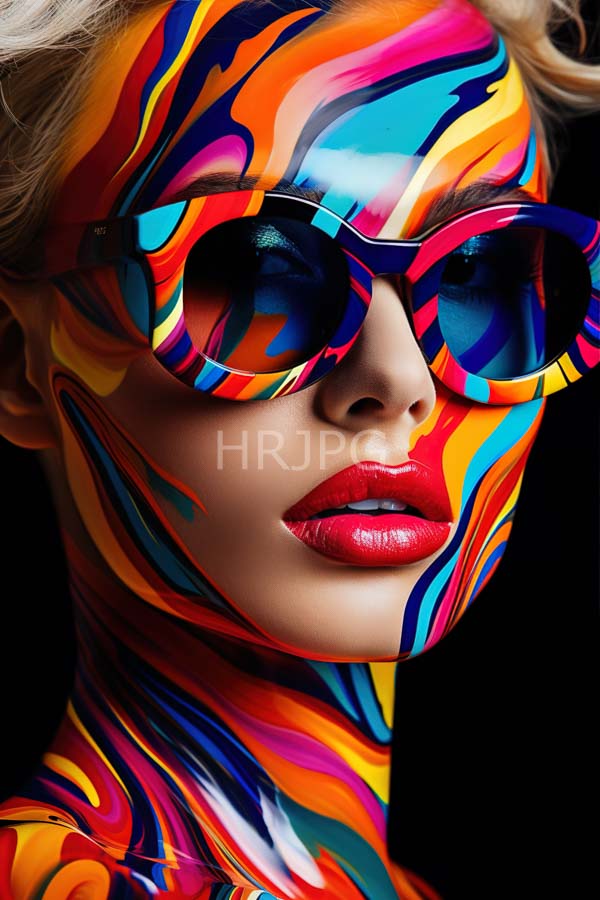 High Resolution: Light-skinned woman with vibrant abstract multicolored paint patterns covering her face and neck wears reflective round sunglasses with the same colorful pattern download. | HRJPG.com