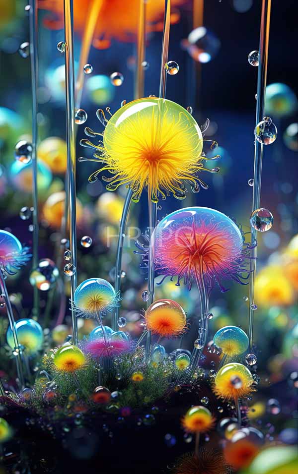 High Resolution: Vibrant glowing jellyfish-like flowers with yellow pink and purple centers are surrounded by floating water droplets and suspended by thin transparent stems download. | HRJPG.com