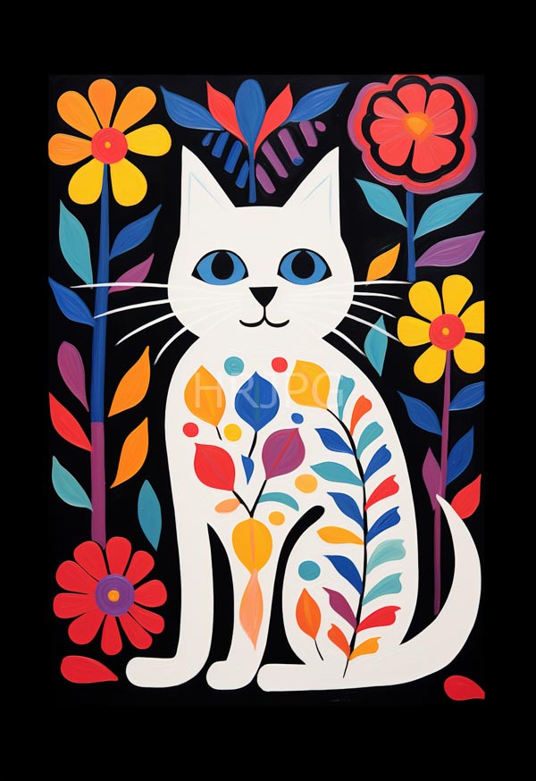 High Resolution: White cat with blue eyes adorned with colorful floral patterns sits against a black background surrounded by vibrant stylized flowers download. | HRJPG.com