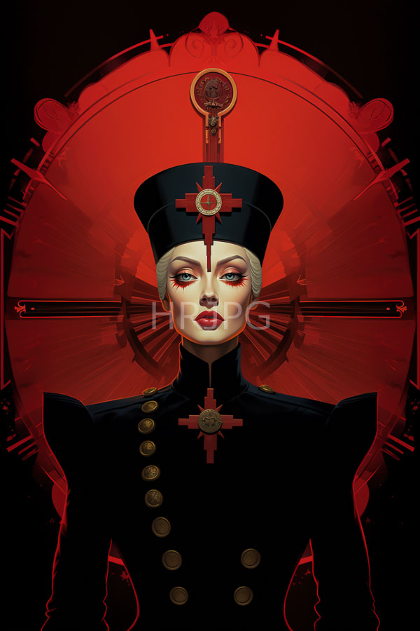 High Resolution: Pale-skinned white-haired woman with red lipstick wears a black military-style uniform with gold buttons a tall black hat with red crosses and a red forehead mark download. | HRJPG.com