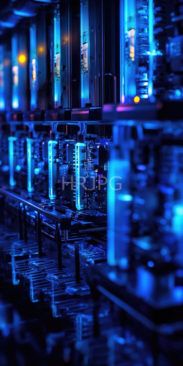 High Resolution: Futuristic illuminated laboratory or data center features rows of vertical glowing blue and purple LED-lit tubes with intricate metallic and glass components download. | HRJPG.com