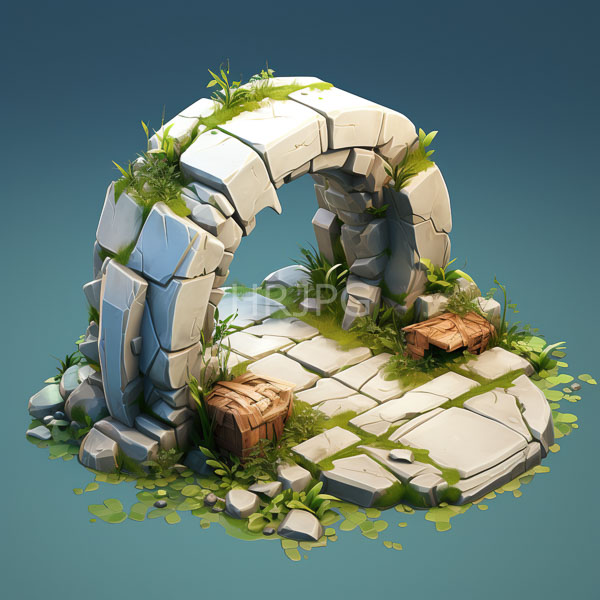 High Resolution: Weathered white stone archway with cracks and moss is surrounded by green grass with two wooden chests lying beneath the arch download. | HRJPG.com