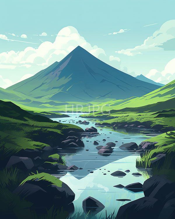 High Resolution: Serene landscape features a reflective river with scattered rocks surrounded by lush green hills with a towering dark blue mountain dominating the background download. | HRJPG.com