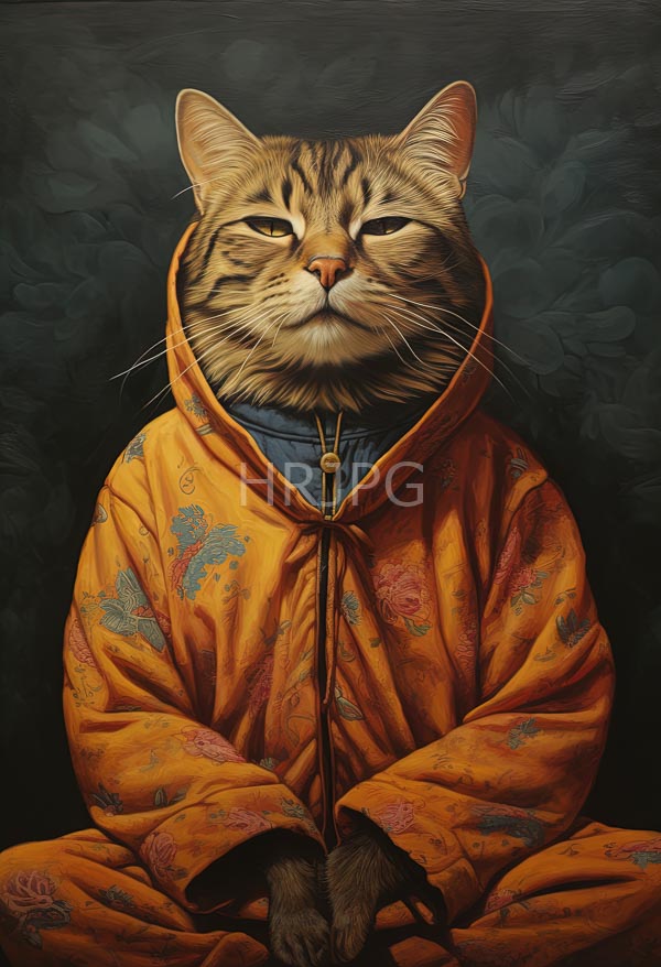 High Resolution: Tabby cat with a serious expression wears an orange floral-patterned robe with a blue inner lining with detailed dark and light brown stripes download. | HRJPG.com