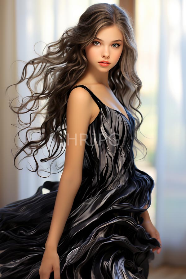 High Resolution: Beautiful young woman with long wavy silver-blonde hair wears a black flowing patterned dress with fair skin blue eyes and a serious expression download. | HRJPG.com