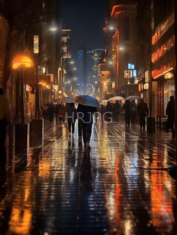 High Resolution: Rainy night street scene features two people holding a blue umbrella walking away from the camera with wet pavement reflecting warm colorful lights from shop signs download. | HRJPG.com