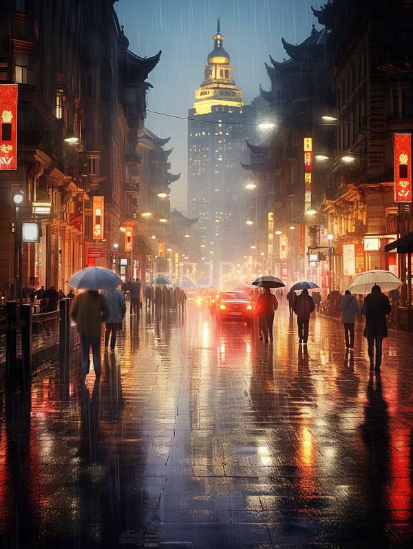 High Resolution: Rainy illuminated city street at night features people with umbrellas walking on wet reflective pavement with traditional Chinese-style buildings adorned with red lanterns download. | HRJPG.com
