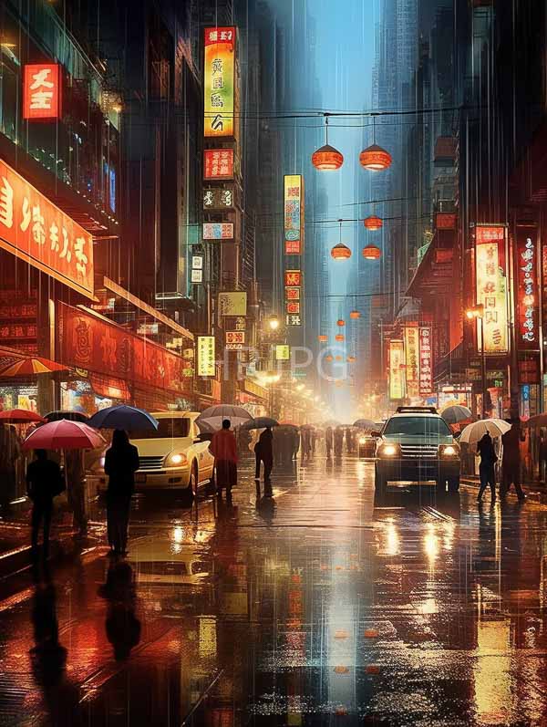 High Resolution: Rainy neon-lit urban street in a bustling Asian city has people with umbrellas walking on a reflective wet street surrounded by brightly lit colorful Chinese signs download. | HRJPG.com