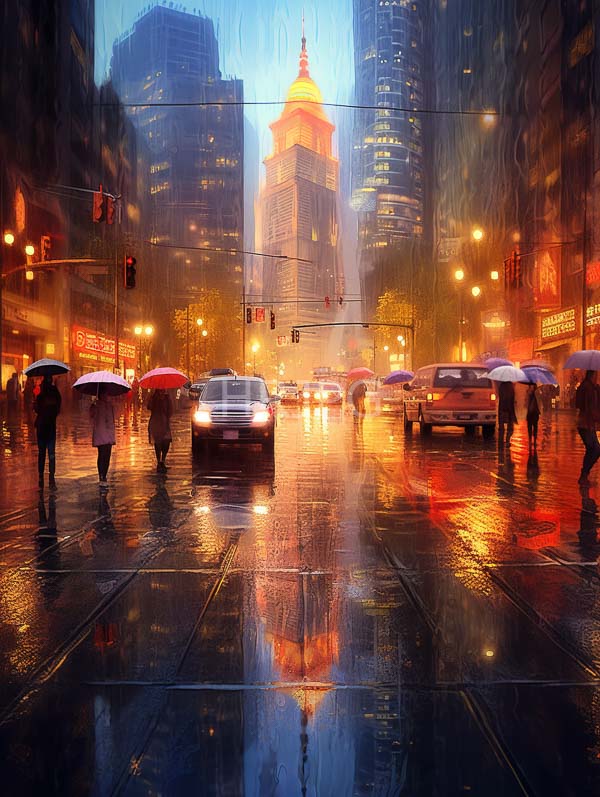 High Resolution: Rainy city street at dusk features a reflective wet pavement with people holding colorful umbrellas walking amidst illuminated skyscrapers and a prominent yellow-domed building download. | HRJPG.com