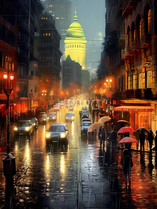 High Resolution: Rainy illuminated city street at night features a yellow-domed building in the background with cars and pedestrians on the wet street download. | HRJPG.com