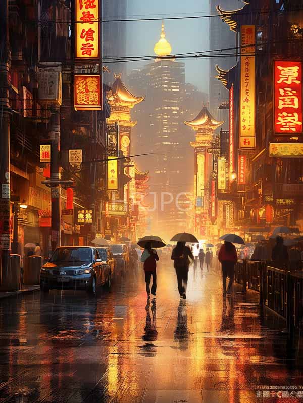 High Resolution: Rainy neon-lit Asian street at night has silhouetted figures with umbrellas walking on a reflective wet street with bright colorful Chinese signs adorning the buildings download. | HRJPG.com