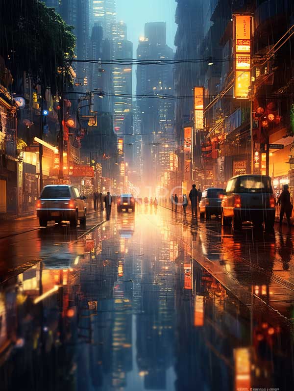 High Resolution: Neon-lit rainy urban street at dusk has reflections of colorful signs and lights shimmering on the wet pavement with cars and pedestrians navigating the street download. | HRJPG.com