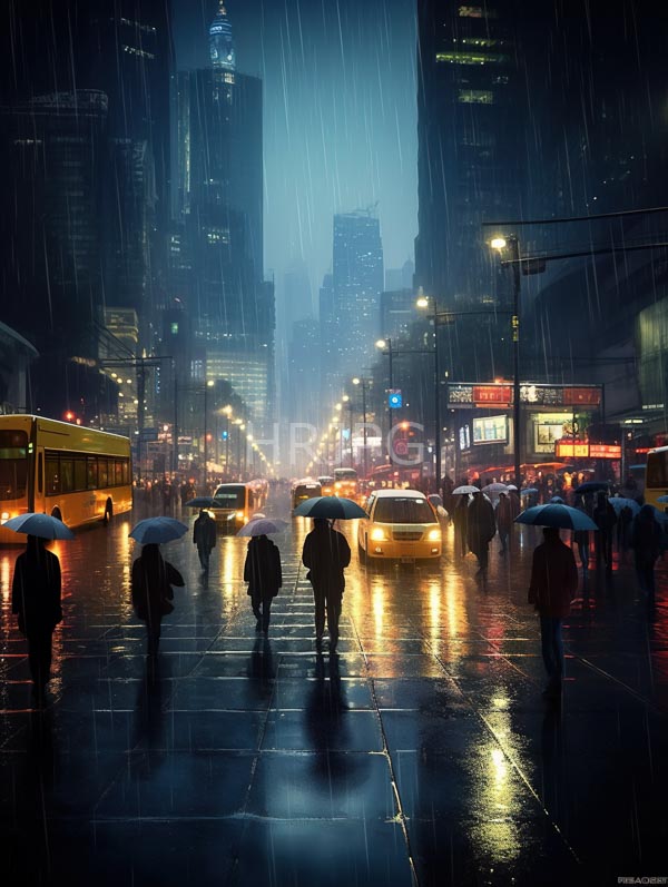 High Resolution: Rainy nighttime city street with tall illuminated skyscrapers has silhouetted pedestrians holding umbrellas with city lights reflecting on wet pavement and yellow buses and cars download. | HRJPG.com