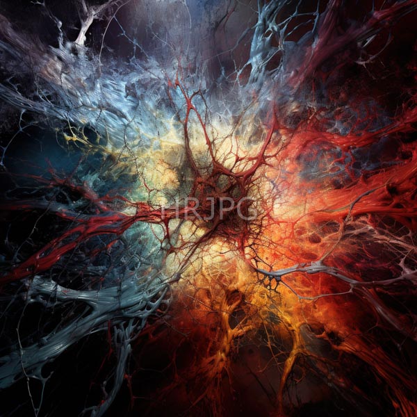 High Resolution: Abstract artwork features a chaotic intricate network of red blue and yellow veins-like tendrils radiating from a central glowing point in a dark starry space download. | HRJPG.com