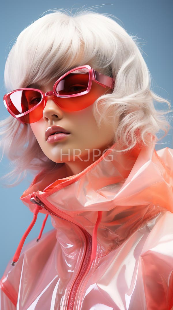 High Resolution: Young woman with platinum blonde wavy hair wears bright red square-shaped sunglasses and a shiny translucent pink jacket with a high collar against a solid blue background download. | HRJPG.com