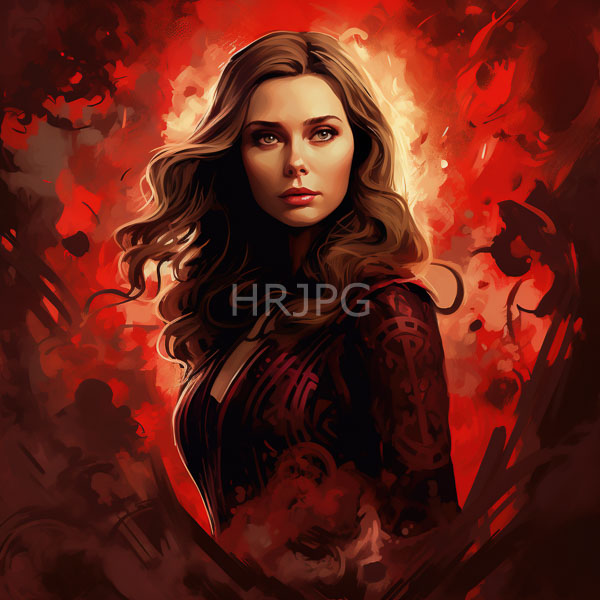 High Resolution: Beautiful fair-skinned woman with long wavy brown hair wears a dark patterned dress with striking green eyes against a fiery red and black abstract pattern with flames download. | HRJPG.com