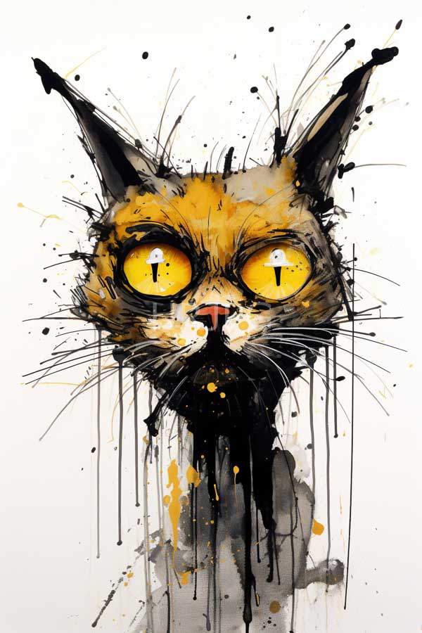 High Resolution: Watercolor-style drawing of a cat with large vivid yellow eyes and a small pink nose has fur in a mix of orange and black with black splatters and drips extending down its face download. | HRJPG.com