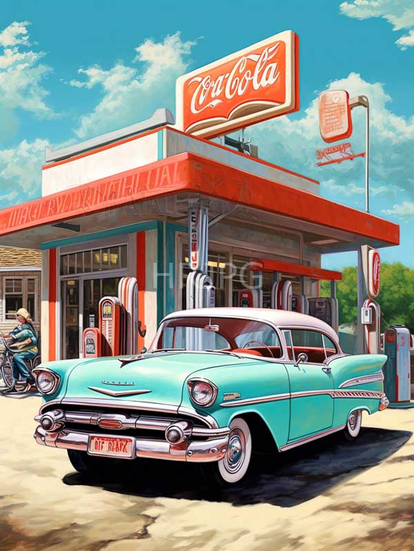 High Resolution: Vintage 1950s turquoise and white car is parked in front of a classic Coca-Cola gas station with red and white signage download. | HRJPG.com